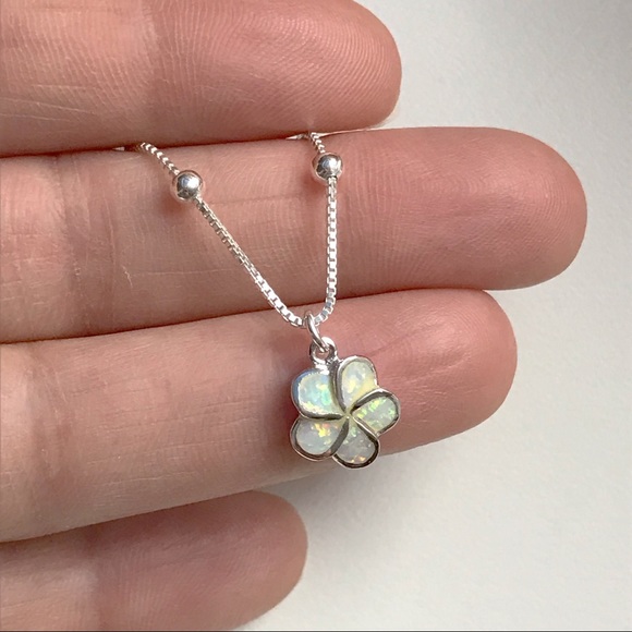 Sterling Silver Opal Plumeria Flower Anklet - Picture 8 of 8